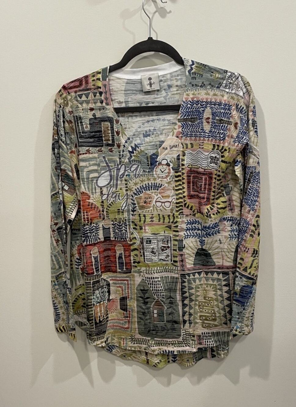 Inoah Art To Wear Women Oversized Artsy “Spa Day” Pattern Tunic Shirt Boho Sz S